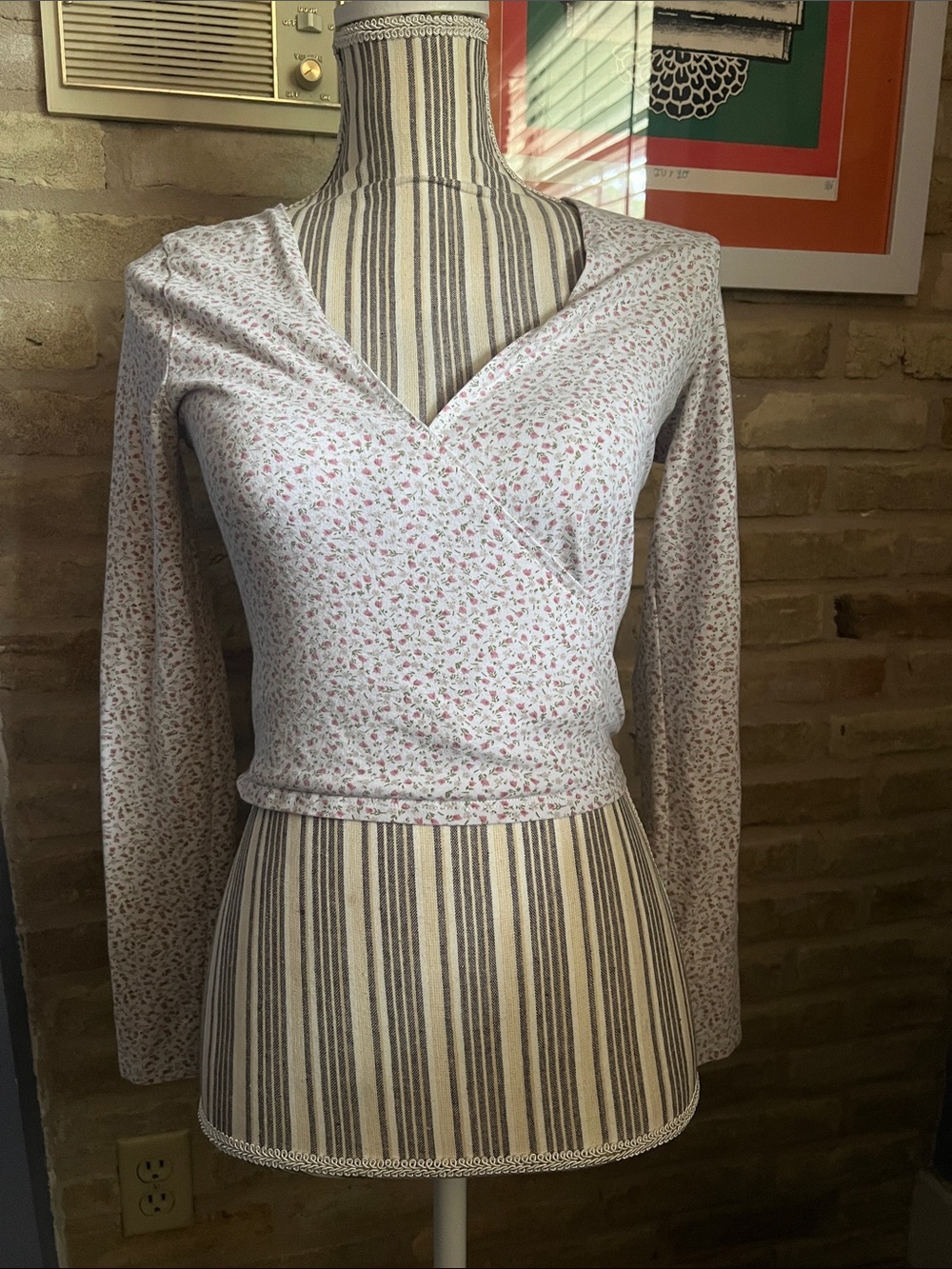 Floral Wrap-Style Long Sleeve Crop Top - Pink on White